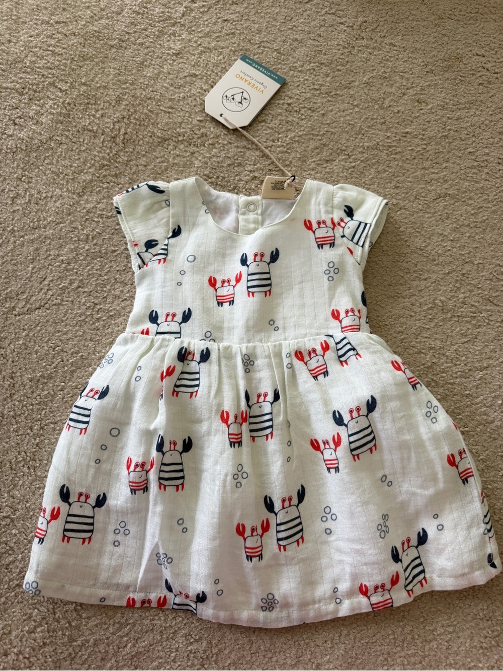 NWT- Viverano Baby Crab Print Cotton Dress in White, Red & Navy